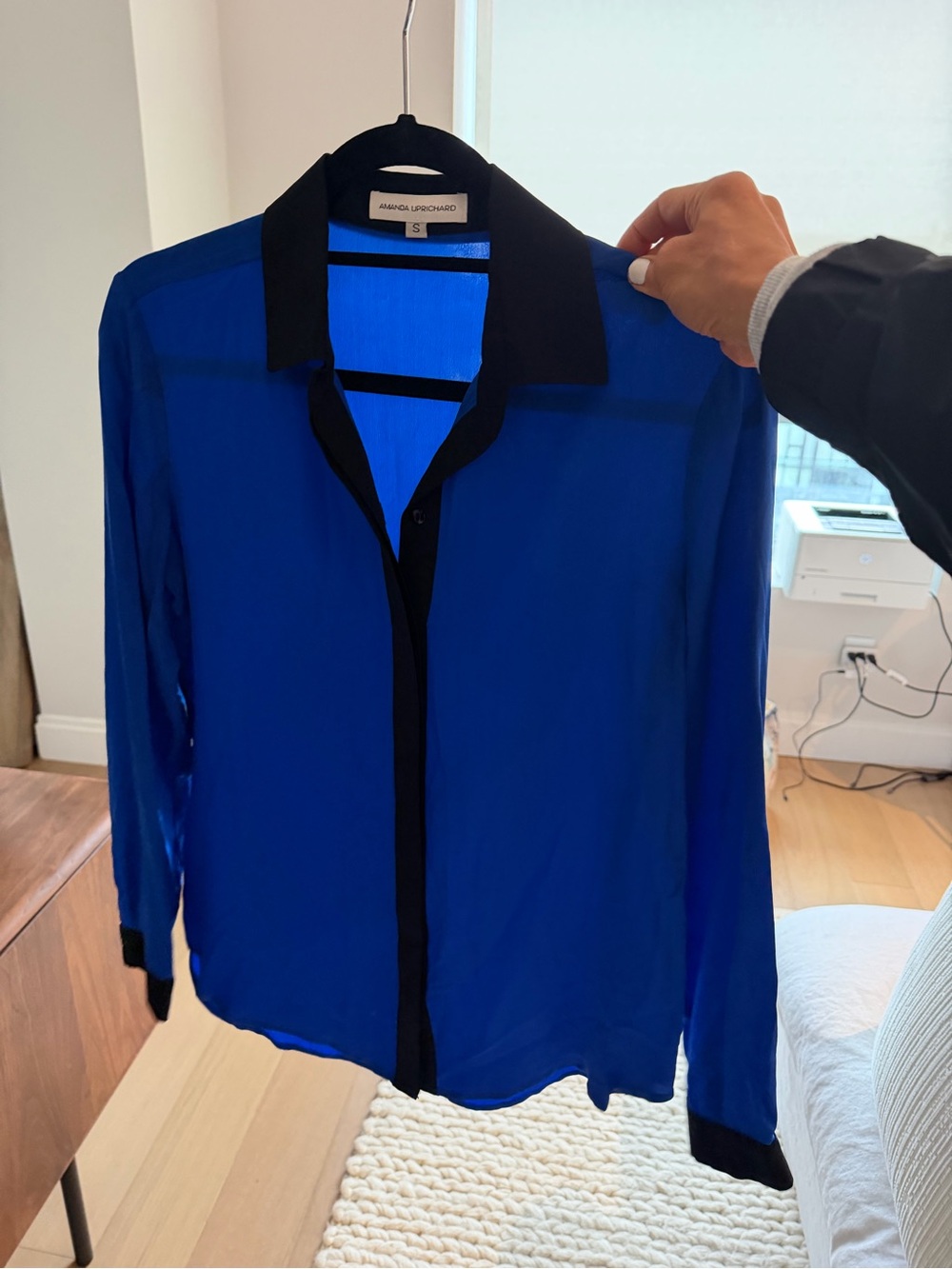 Amanda Uprichard Royal Blue Sheer Shirt Jacket with Black Trim
